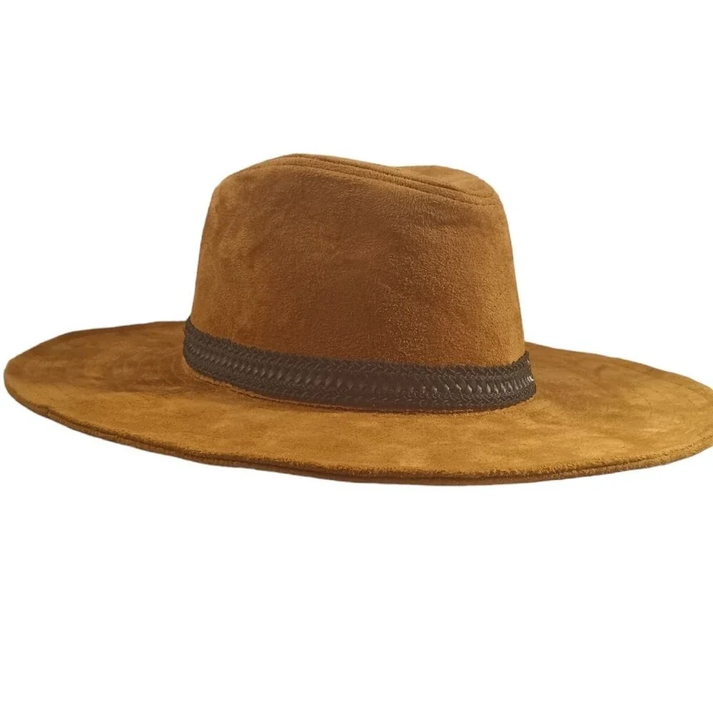 D&Y Brown Faux Suede Leather Western Panama Hat OS